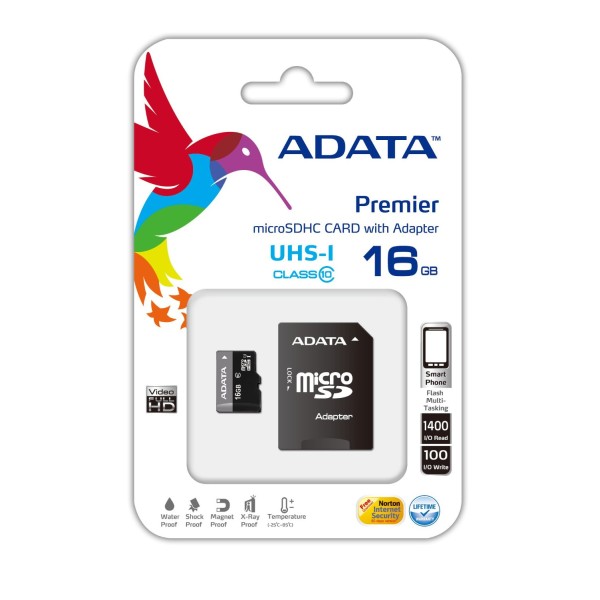 AUSDH16GUICL10-R, A-DATA 16GB Premier microSDHC UHS-I U1 Card (Class 10) with 1 Adapter, retail